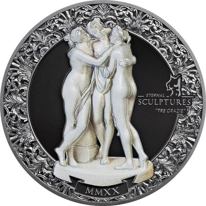 Eternal Sculptures | Tre Grazie 2 Oz Silver Coin| 10 Dollar Palau Proof