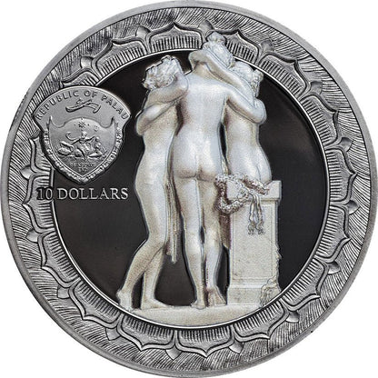 Eternal Sculptures | Tre Grazie 2 Oz Silver Coin| 10 Dollar Palau Proof