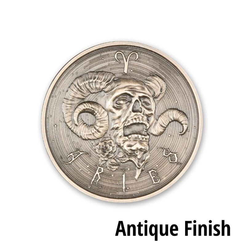 Intaglio Zombie Zodiacs Aries 1 Troy Ounce 39mm Silver Round featuring a zombified half-man, half-ram with astrological symbols.