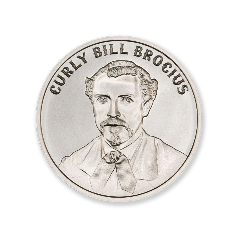 Curly Bill Brocius 2 Troy Ounce 39mm Silver Round featuring a detailed depiction of Curly Bill Brocius and iconic Old West imagery.