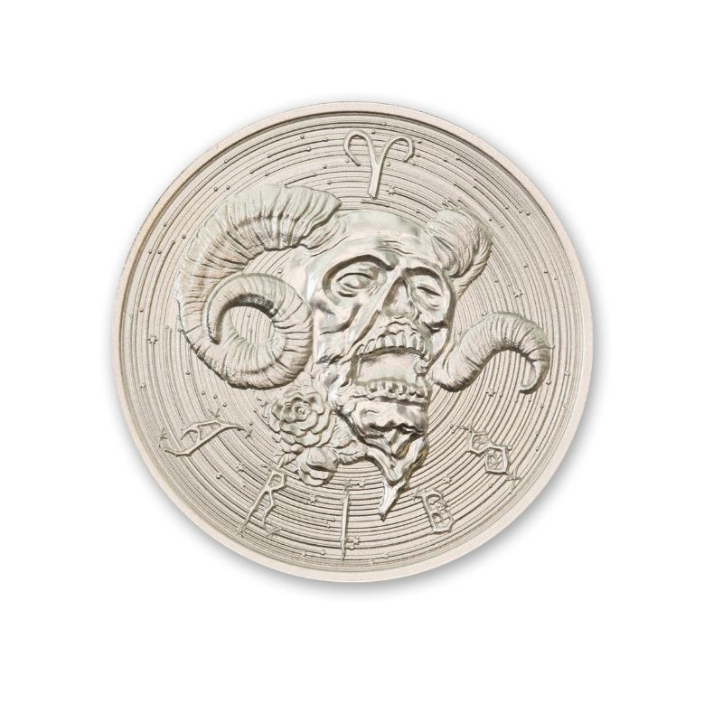 Intaglio Zombie Zodiacs Aries 1 Troy Ounce 39mm Silver Round featuring a zombified half-man, half-ram with astrological symbols.