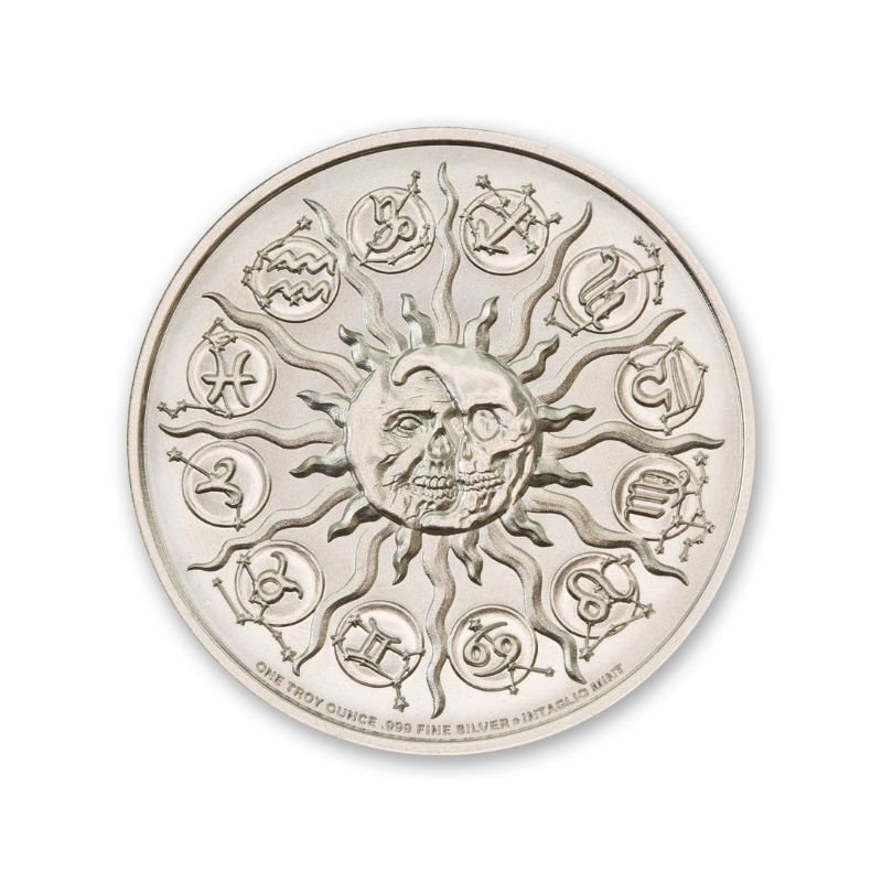 Intaglio Zombie Zodiacs Aries 1 Troy Ounce 39mm Silver Round featuring a zombified half-man, half-ram with astrological symbols.