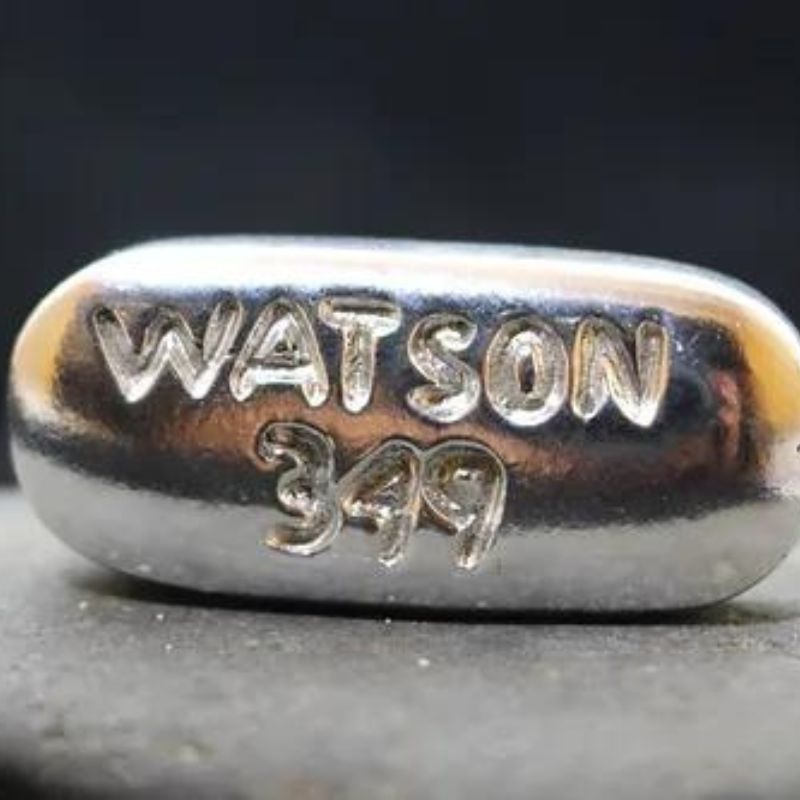 WATSON 349 - Vicodin Hand-Poured Silver - Artisan-crafted silver ingot with a unique design blending medical and artistic elements.