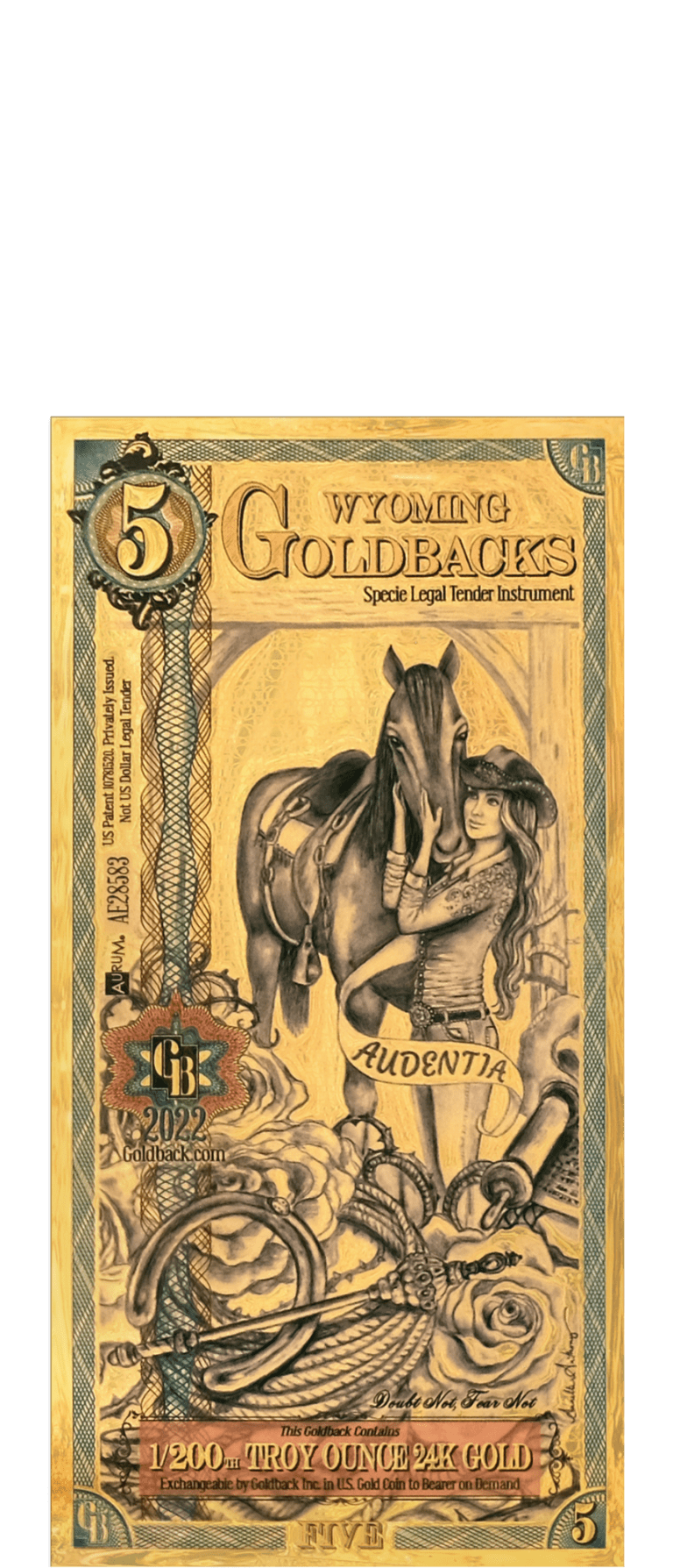 2024 Wyoming Goldback Foil Note 5 Dollar .999 Gold