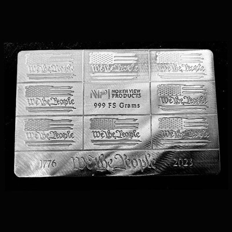 We The People' Gramsy Card Hand Poured Silver with intricate patriotic design and symbols of liberty.