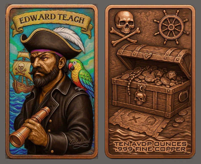 10oz .999 ADVP Copper Bullion Bar Pirate Captains "BlackBeard"