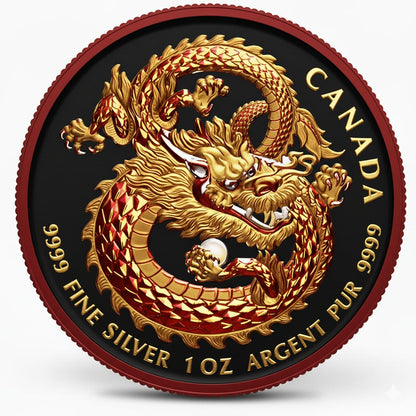 Canada Dragon 1oz Gold Gilded and Digital Colorization .9999 Silver Coin