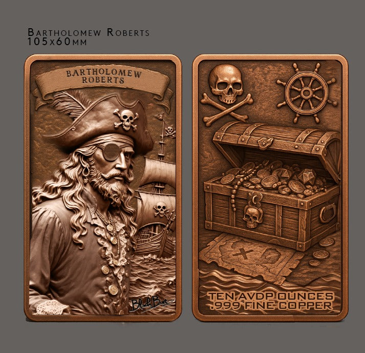10oz .999 ADVP Copper Bullion Bar Pirate Captains "Black Bart"