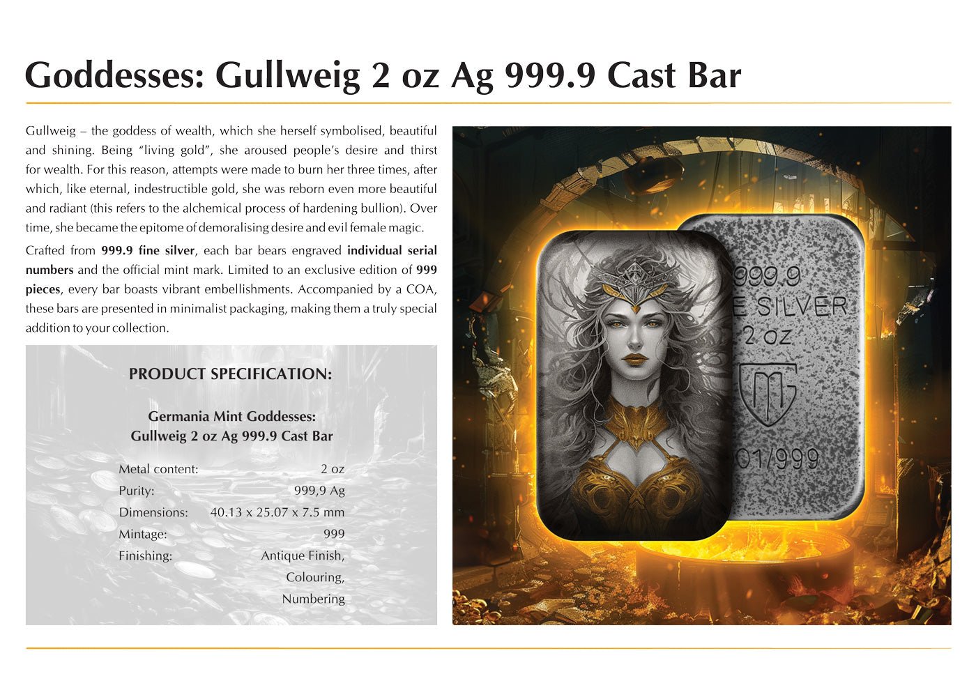 Goddess Gullweig: 2oz AG 999.9 Color Cast Bar