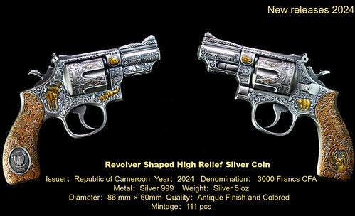 Revolver Gun 3D Shapped - 5oz .999 Silver Coin 3000 Francs CFA Cameroon 2024