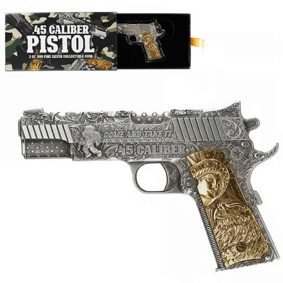 2024 Chad .45 Caliber Pistol Shaped Antiqued Silver with Gold Gilding 2 oz Silver Coin