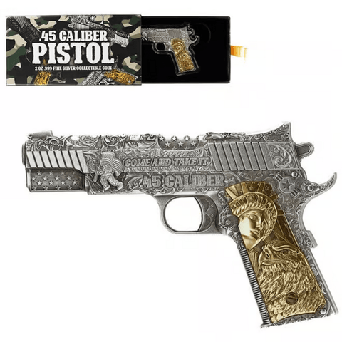 2024 Chad .45 Caliber Pistol Shaped Antiqued Silver with Gold Gilding 2 oz Silver Coin