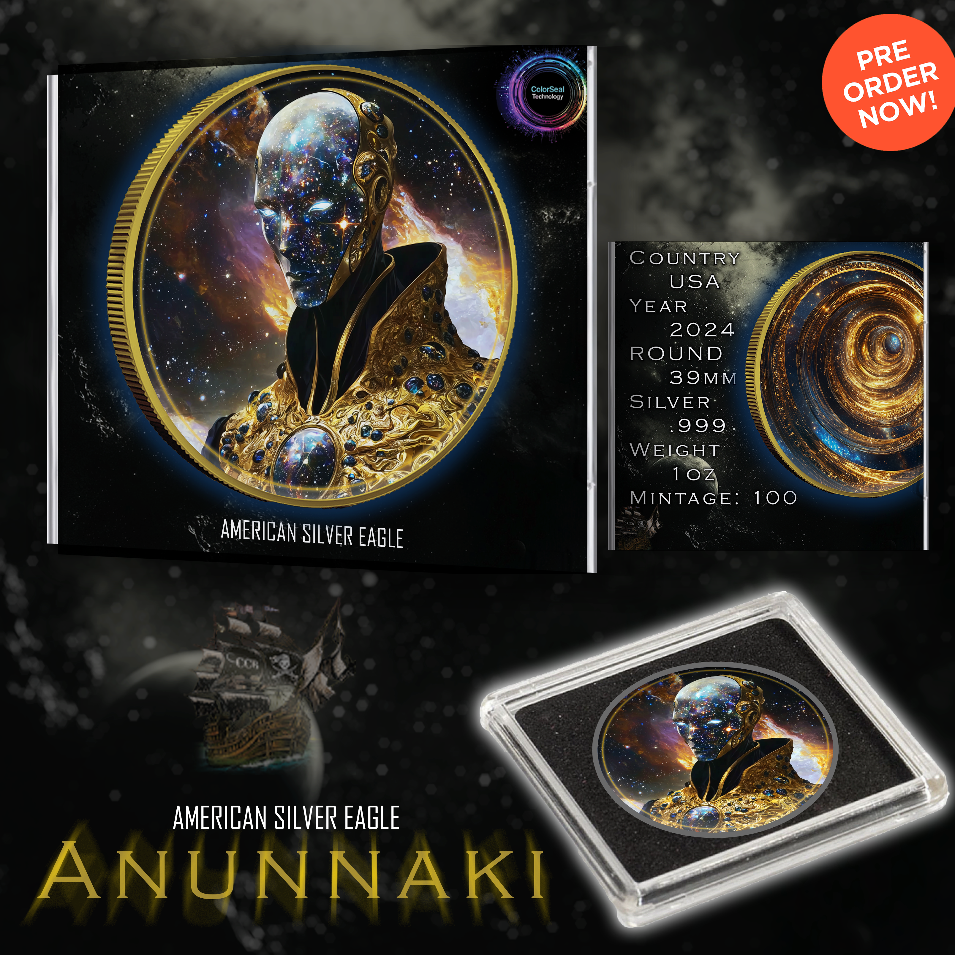 2024 Silver Eagle "The Anunnaki" 1oz .999 Silver Coin Colorized Gold Gilded