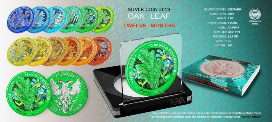Germania 2019 5 Mark Oak Leaf  12 Months Series  April 1 Oz Silver Coin