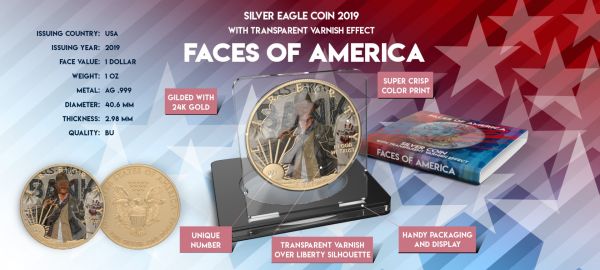 USA 2019 1$ Faces of America - Texas ranger 1 Oz Silver Coin with Varnish