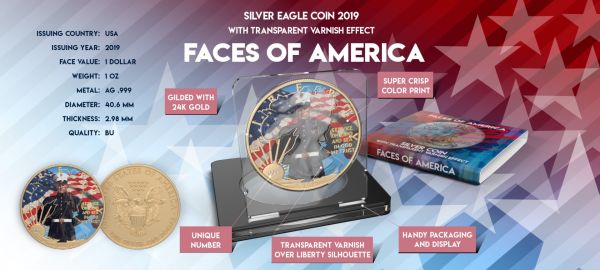 USA 2019 1$ Faces of America - U.S. MARINES 1 Oz Silver Coin with Varnish