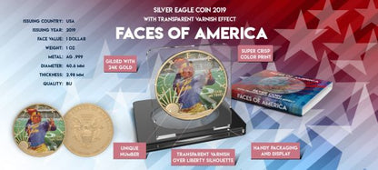 USA 2019 1$ Faces of America - Tom Davies 1 Oz Silver Coin with Varnish