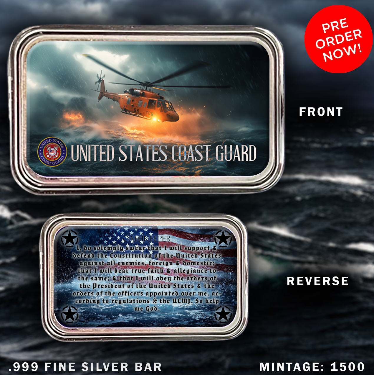 U.S. Coast Guard Rescue Heli 1oz .999 Silver Art Bar Colorized