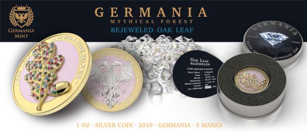 Germania 2019 5 Mark Bejeweled Oak Leaf  Yellow  1 Oz Silver Coin