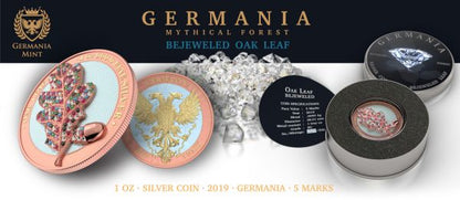 Germania 2019 5 Mark Bejeweled Oak Leaf  Pink 1 Oz Silver Coin