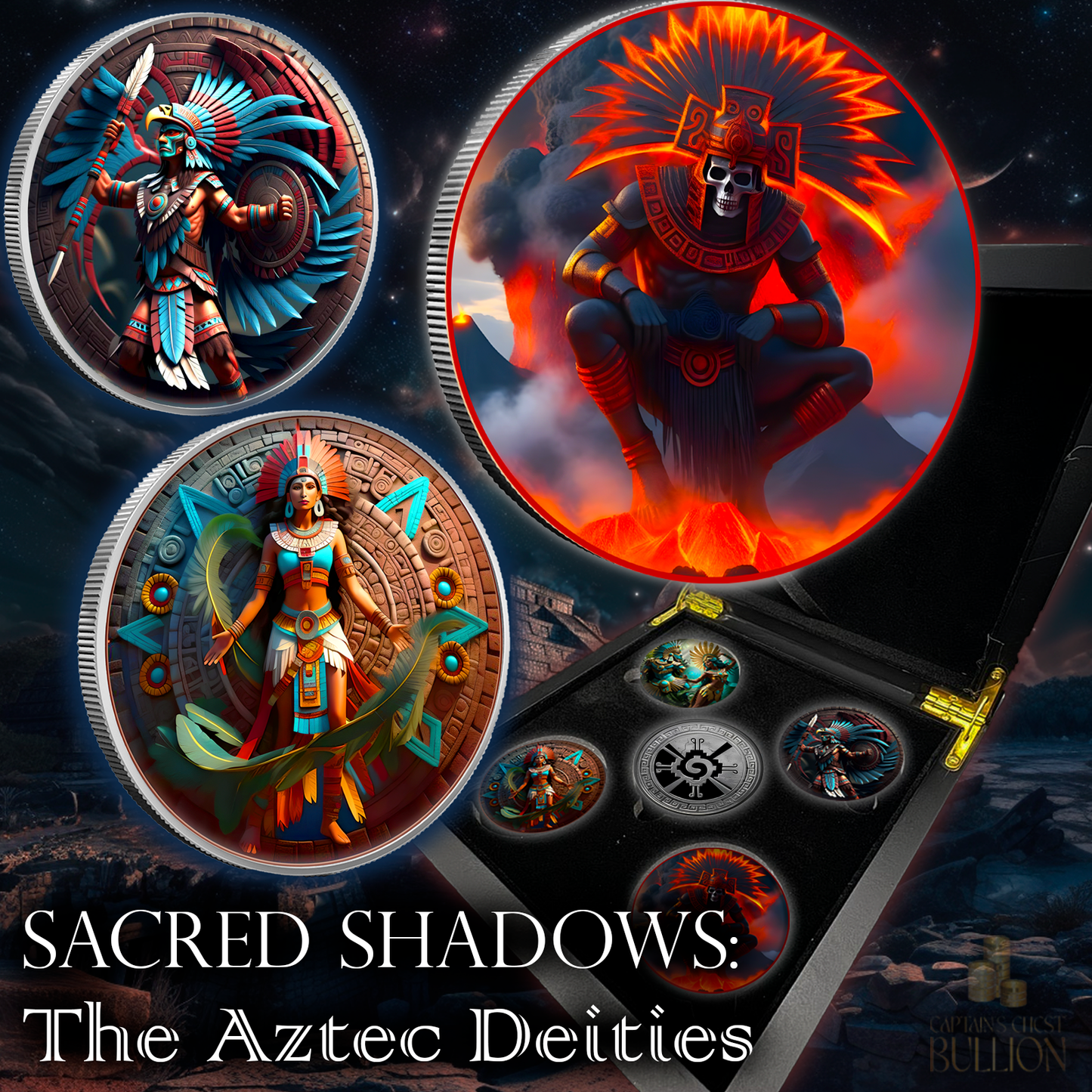 2024 1oz Colorized Aztec Shadows Water Deity Chalchiuhtlicue Bullion Round Presale