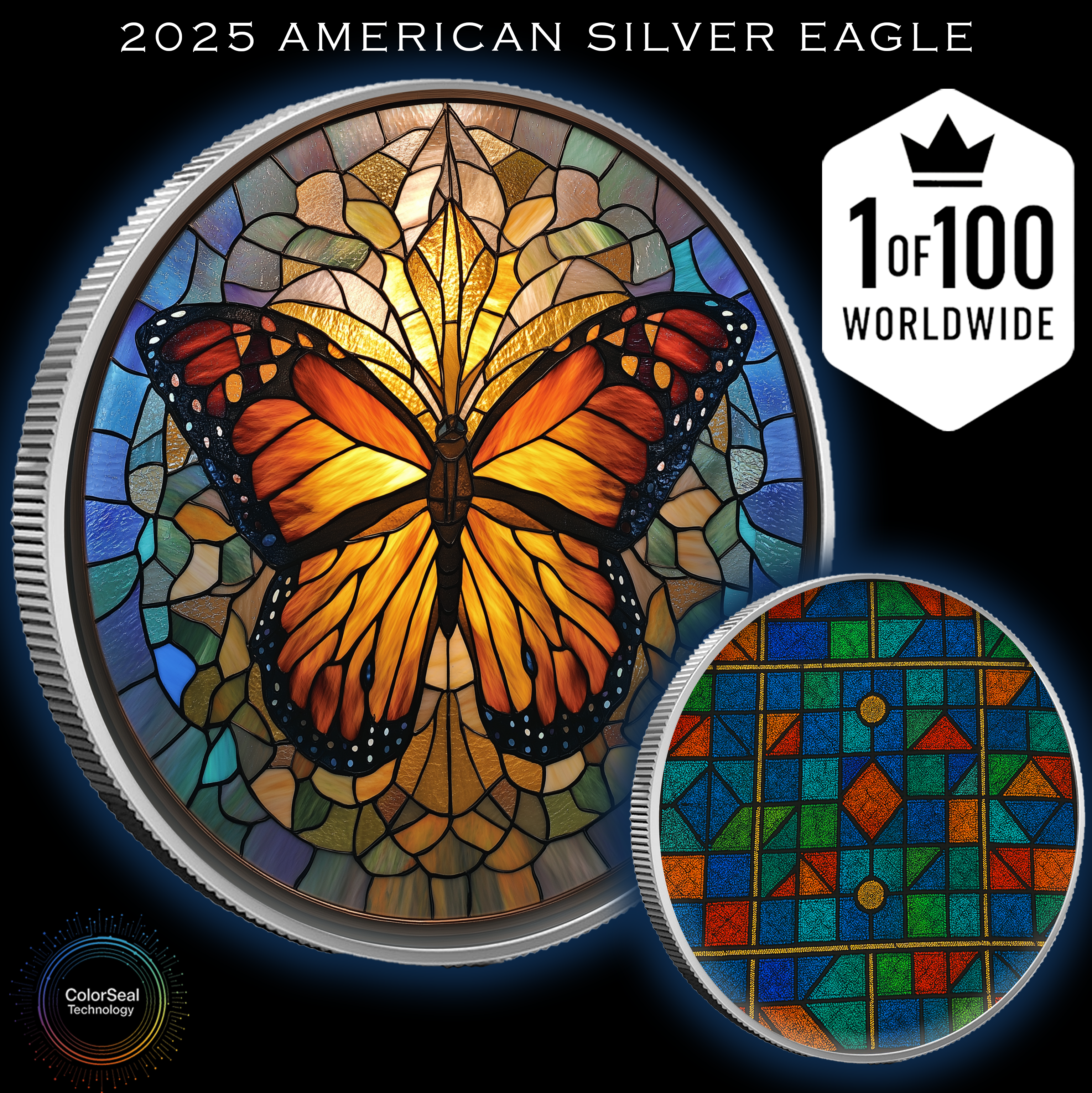 2025 Silver Eagle Mosaic Butterfly "Rebirth" 1oz Colorized .999 Silver Coins