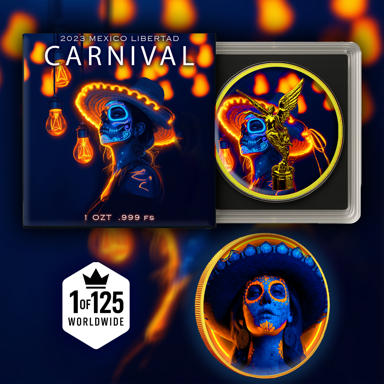 2023 Mexico Libertad Dia De Los Muertos "Carnival" 1oz Colorized .999 Silver Coin