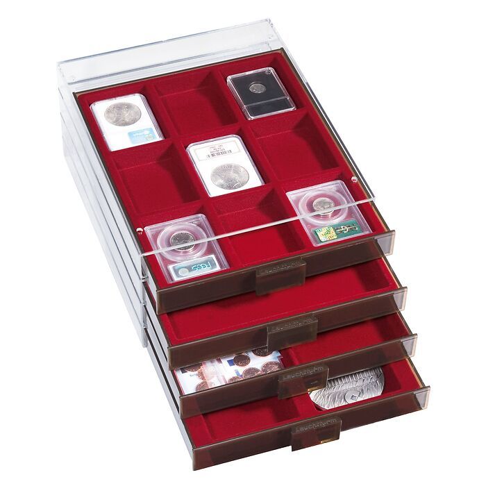 Coin Box 9 square compartments for US Certified Coin Holders (slabs), smoke colored