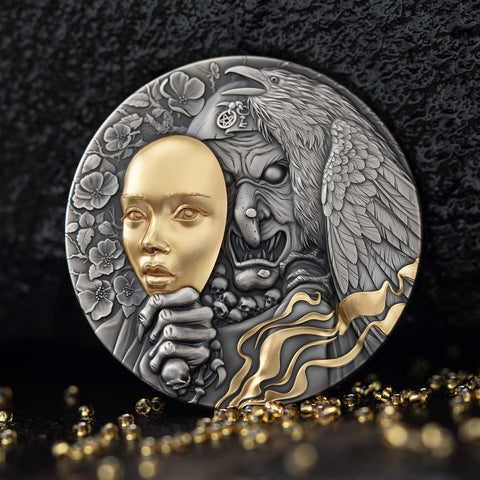 2023 T&S Behind the Mask 2oz Antiqued & Gold Gilt Pure Silver Coin