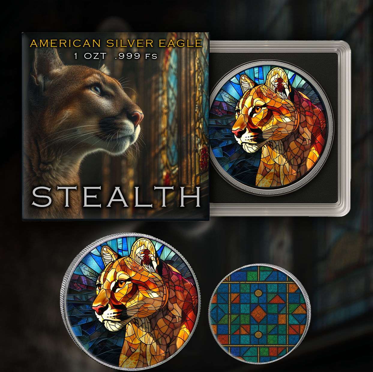 2025 Silver Eagle Mosaic Cougar "Stealth" 1oz Colorized .999 Silver Coin