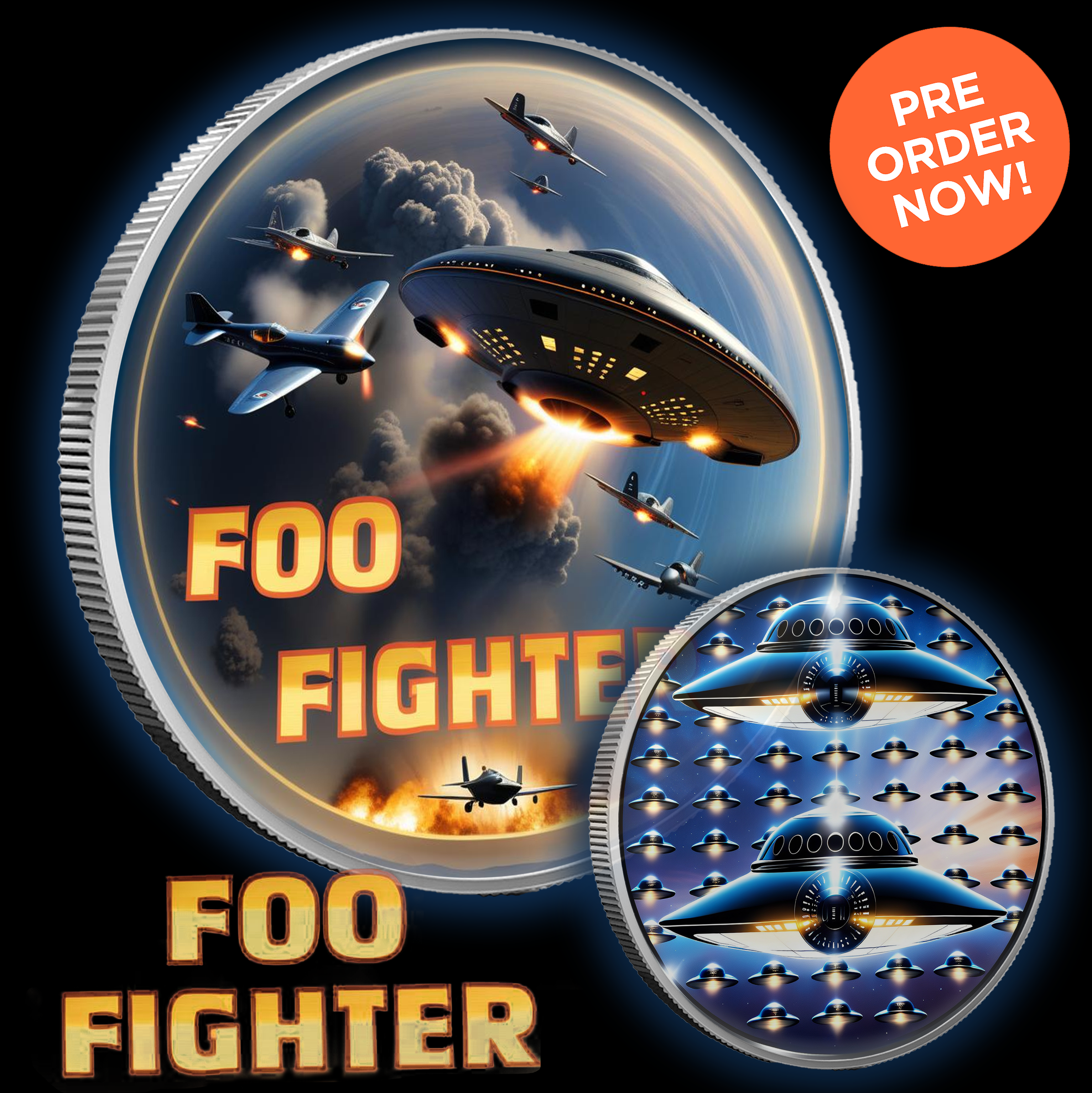 Intaglio Colorized Foo Fighters Alien Encounter 1oz .999 Silver Medal