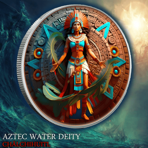 2024 1oz Colorized Aztec Shadows Water Deity Chalchiuhtlicue Bullion Round