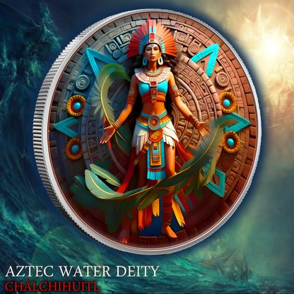 2024 1oz Colorized Aztec Shadows Water Deity Chalchiuhtlicue Bullion Round Presale