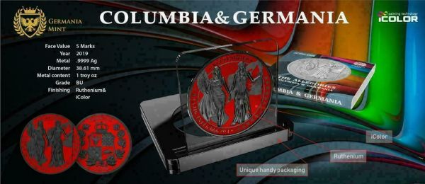 Germania 2019 5 Mark Columbia Germania Ruthenium & Space Red 1 Oz Silver Coin
