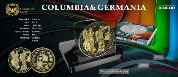 Germania 2019 5 Mark Columbia and Germania Varnish Gilded 1 Oz Silver Coin