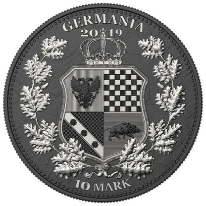 Germania 2019 10 Mark Britannia Germania Ruthenium and Red Diamonds 2oz Silver Coin