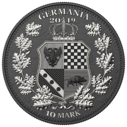 Germania 2019 10 Mark Columbia Germania Ruthenium Blue Diamond Dust 2oz Silver Coin