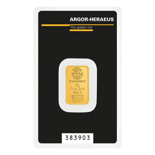5 gram Argor Heraeus .9999 Gold Kine Bar