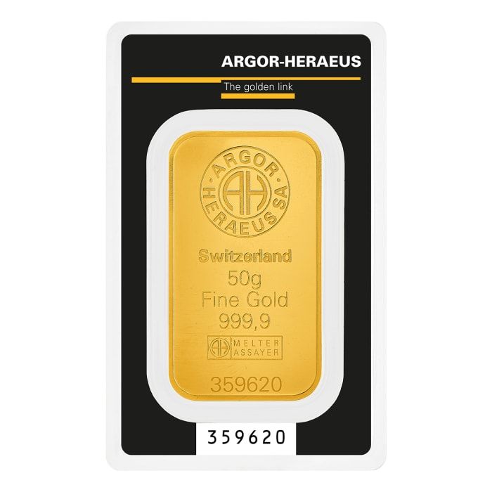 50 gram Argor Heraeus .9999 Gold Kine Bar