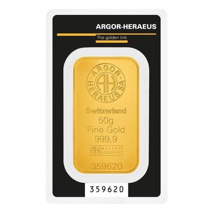 50 gram Argor Heraeus .9999 Gold Kine Bar