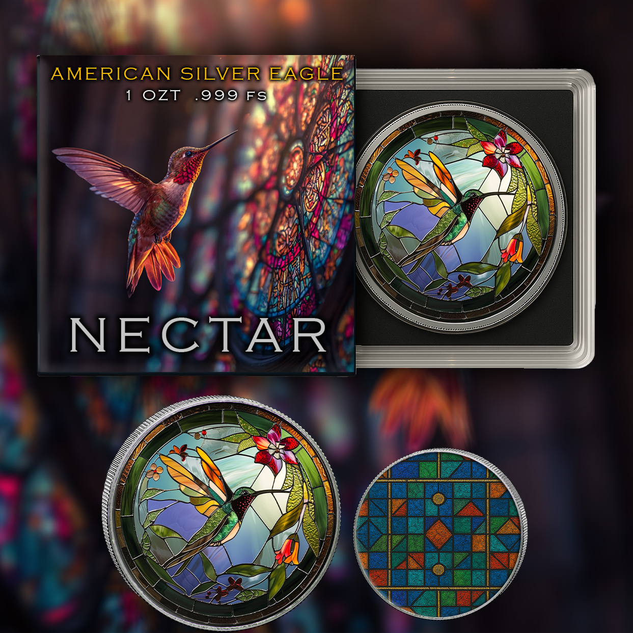 2025 Silver Eagle Mosaic Hummingbird "Nectar" 1oz Colorized .999 Silver Coin