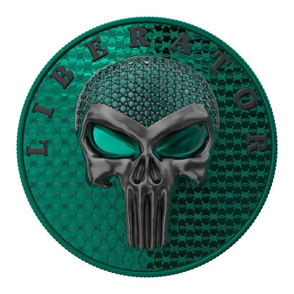 The Dark Side 2021 THE LIBERATOR" GREEN Crystal Skull Swarovski .999 1 Oz Silver Coin