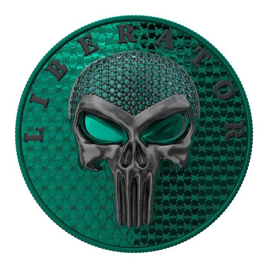 The Dark Side 2021 THE LIBERATOR" GREEN Crystal Skull Swarovski .999 1 Oz Silver Coin