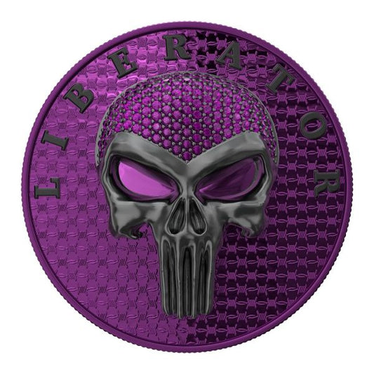 The Dark Side 2021 THE LIBERATOR" PURPLE Crystal Skull Swarovski .999 1 Oz Silver Coin