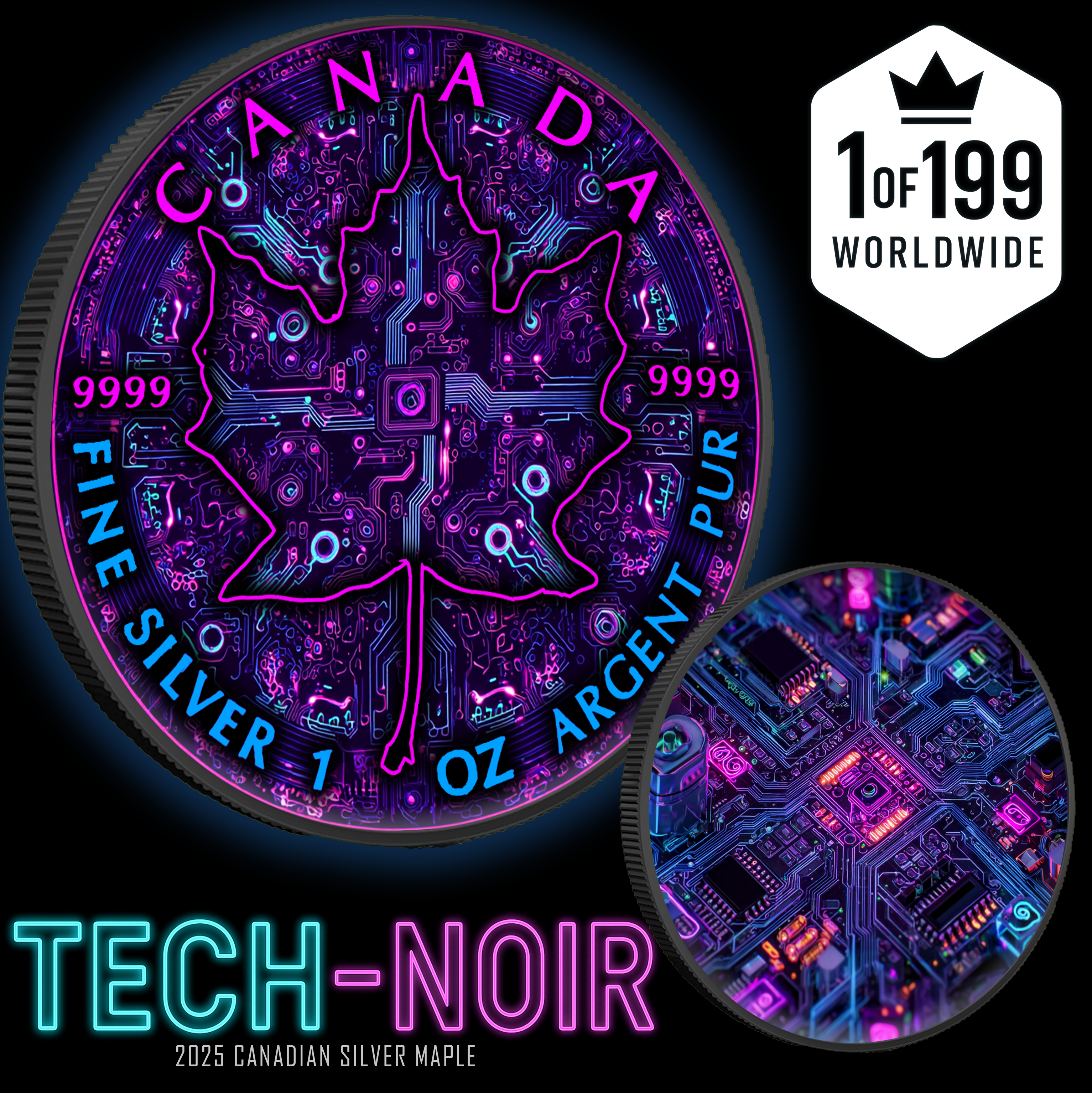 2025 Canada Maple Colorized Tech Noir .9999 Silver Coin