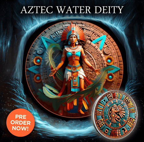 2024 1oz Colorized Aztec Shadows Water Deity Chalchiuhtlicue Bullion Round