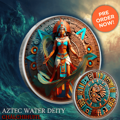 2024 1oz Colorized Aztec Shadows Water Deity Chalchiuhtlicue Bullion Round Presale