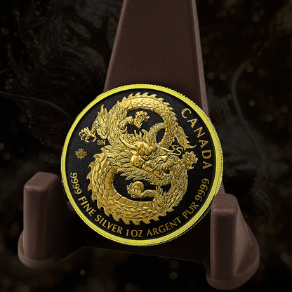 2019 Canada Chinese Dragon Colorized with Gold Gilding 1oz .9999 Silver Coin