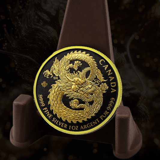 2019 Canada Chinese Dragon Colorized with Gold Gilding 1oz .9999 Silver Coin
