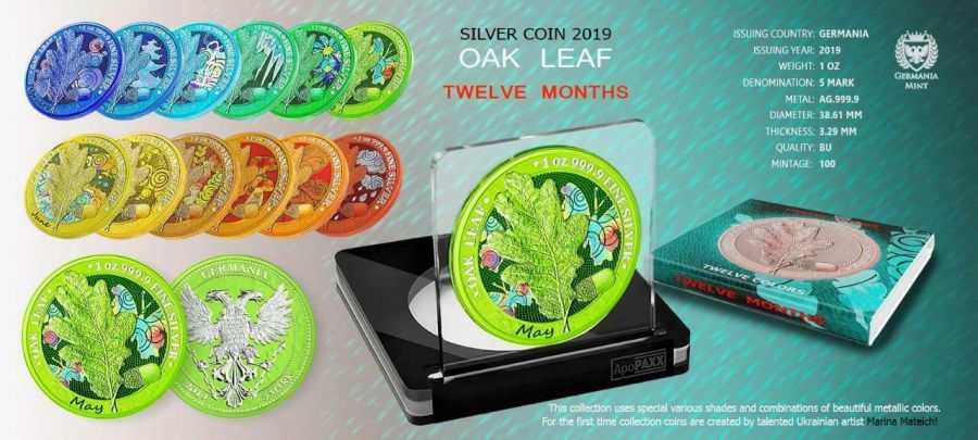 Germania 2019 5 Mark Oak Leaf  12 Months Series May 1 Oz Silver Coin